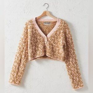 Kimchi Blue Urban Outfitters Meo Cardigan Pink Tan Fuzzy Shag Leopard Print